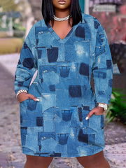  Denim Print V-Neck Long Sleeve Dress with Pockets