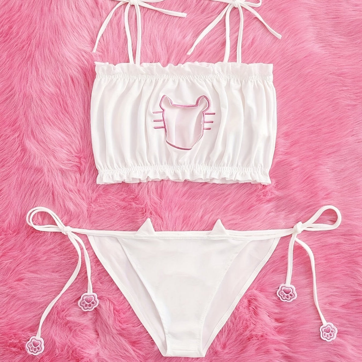 Sexy Naughty Cat Cosplay Lingerie Set with Ruffle Cut Out Bra