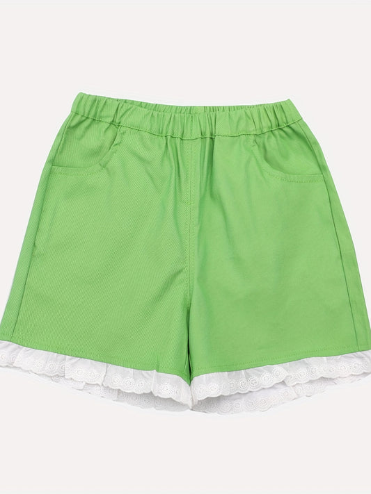 Kid Girls Casual Shorts Lace Trimming Elastic Waist Shorts With Pocket