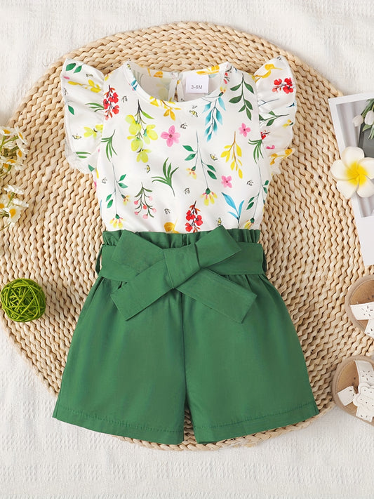 Baby Girl Floral Printed Blouse & Solid Shorts Set