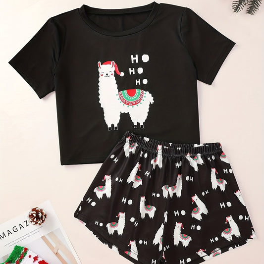 Cartoon Print Lounge Set Short Sleeve Top & Shorts Women's Loungewear