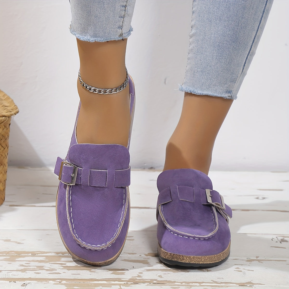 Suedette Flat Loafers Slip On Buckle Decor Half Drag Shoes