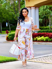Chain & Floral Print 2pc Set Open Front Coat & High Waist Pants