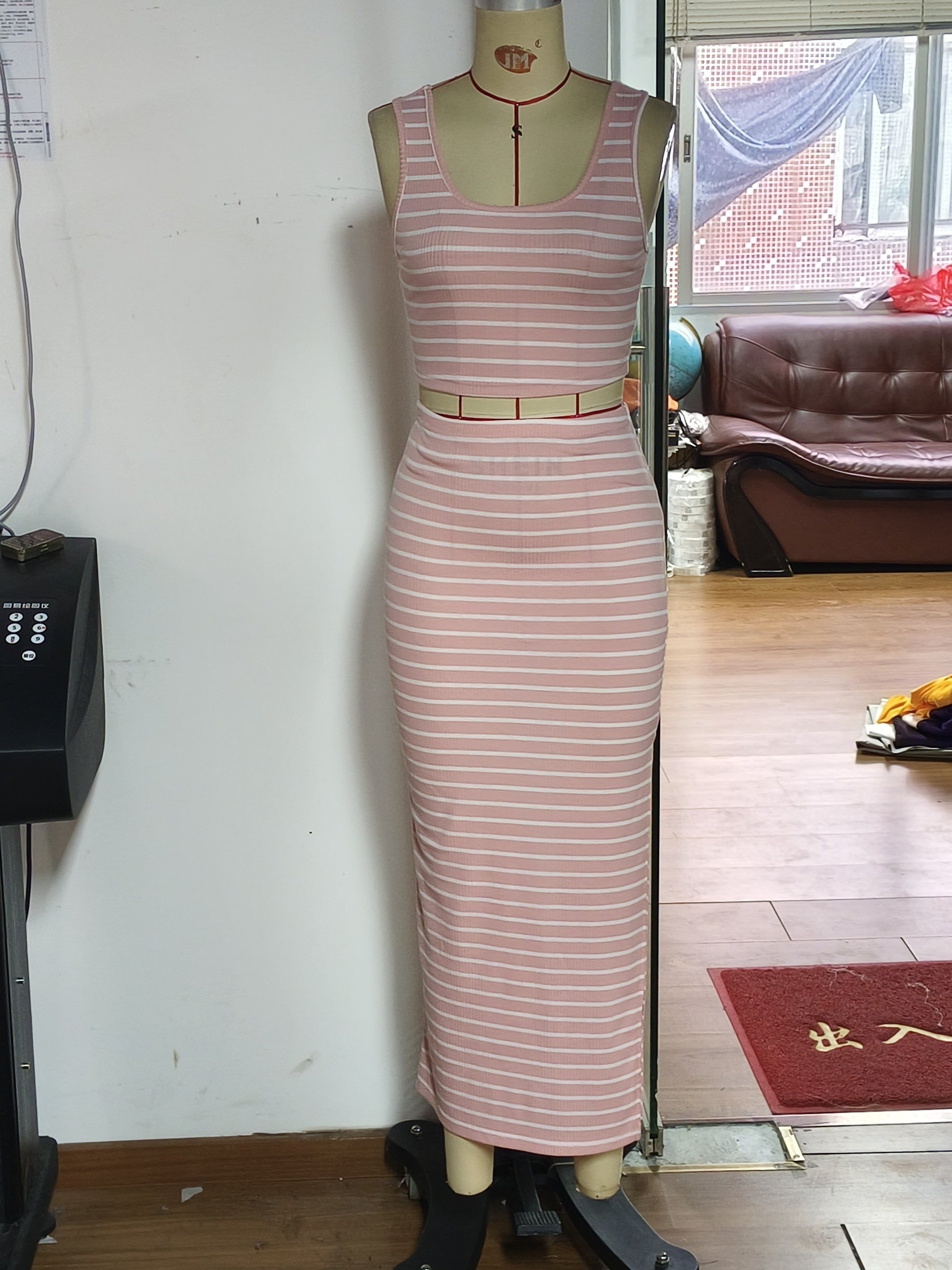 Striped Print 2pc Set Tank Top & Split Skirt Outfit Women's Clothing