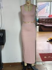 Striped Print 2pc Set Tank Top & Split Skirt Outfit Women's Clothing