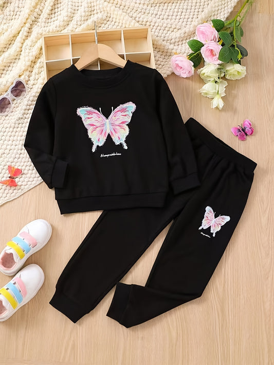 Girl's Butterfly Pattern Hoodie & Sports Pants Set