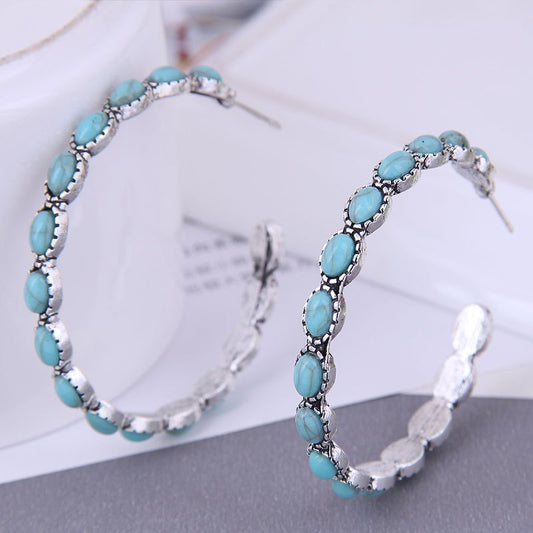 Turquoise Bohemian Metal Hoop Earrings Silver Plated Jewelry Party Decor 1Pair