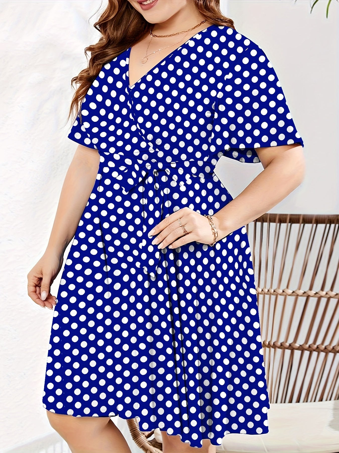  Polka Dot Print Short Sleeve V Neck Dress With Belt