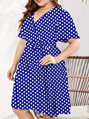  Polka Dot Print Short Sleeve V Neck Dress With Belt