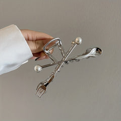 Creative Fork Spoon Shape Hair Claw with Faux Pearl Inlay