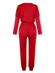  Women's Solid Long Sleeve Top & Drawstring Jogger Set