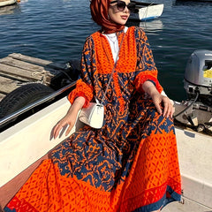  Colorblock Damask Print Kaftan Dress with Lantern Sleeves