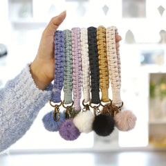 Boho Keychain Fur Ball Wrist Lanyard for Keys Macrame Wristlet Keychain Girls