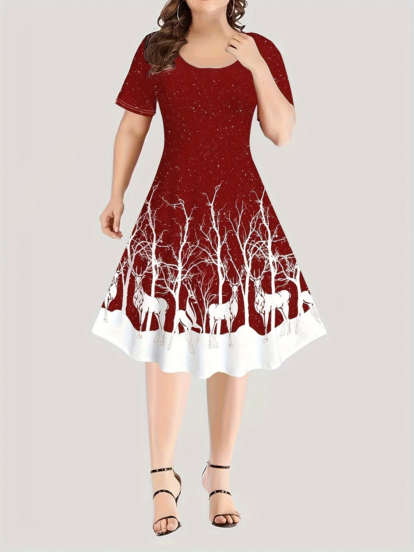  Reindeer Print Short Sleeve Christmas Dress