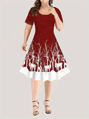  Reindeer Print Short Sleeve Christmas Dress