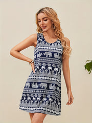  Tribal Print Tank Dress Round Neck Stretch Medium