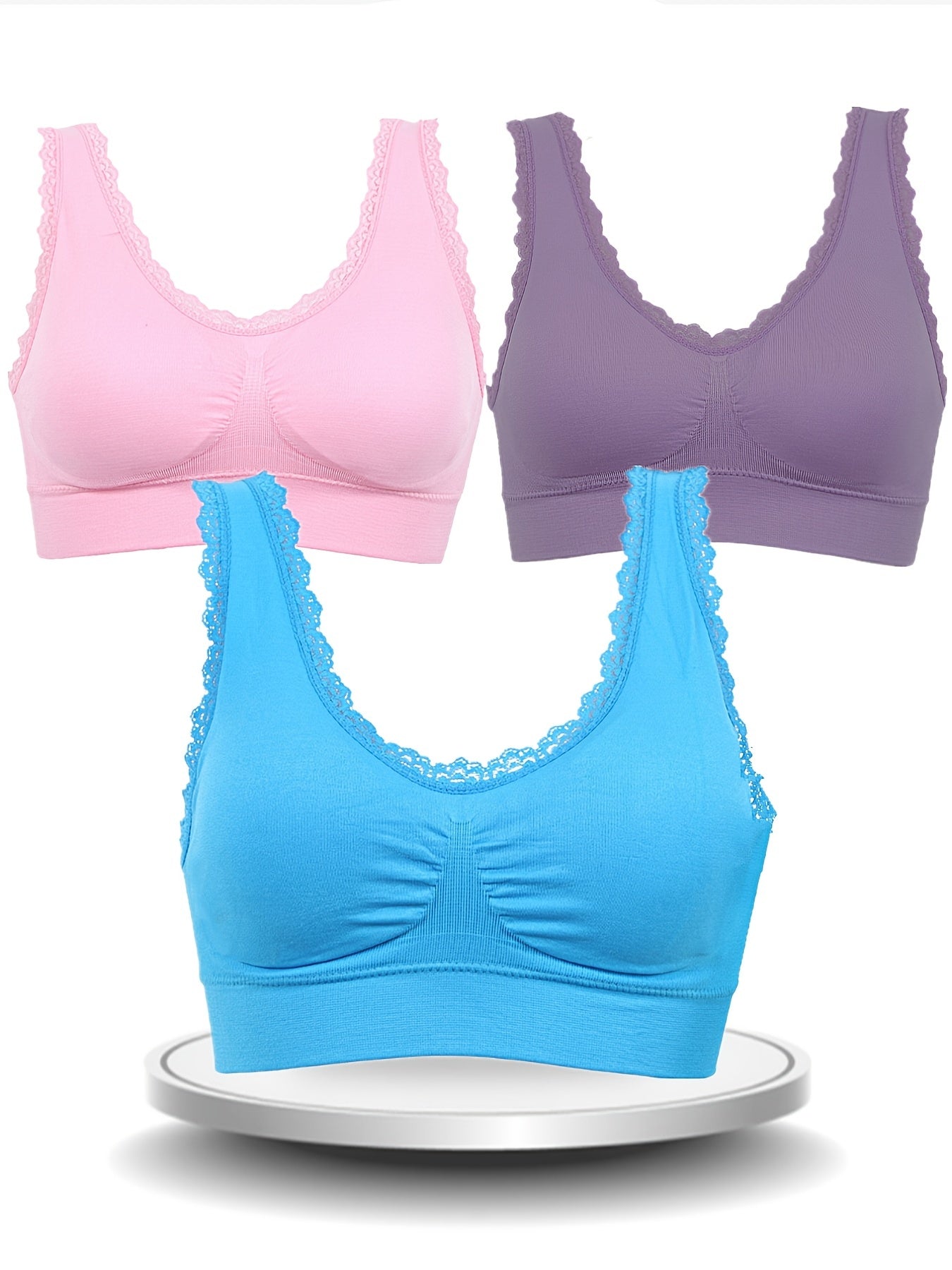 3 Pcs Lace Trim Sports Bra for Women, M-3XL