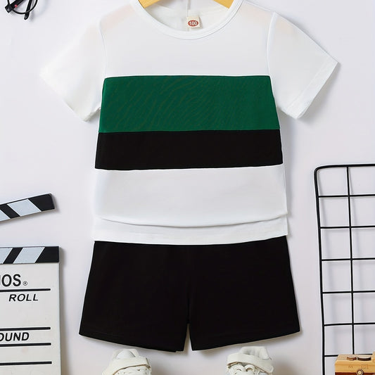 Boys 2pcs T shirt & Shorts Set Stripe Print Crew Neck Top Casual Summer