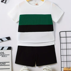Boys 2pcs T shirt & Shorts Set Stripe Print Crew Neck Top Casual Summer