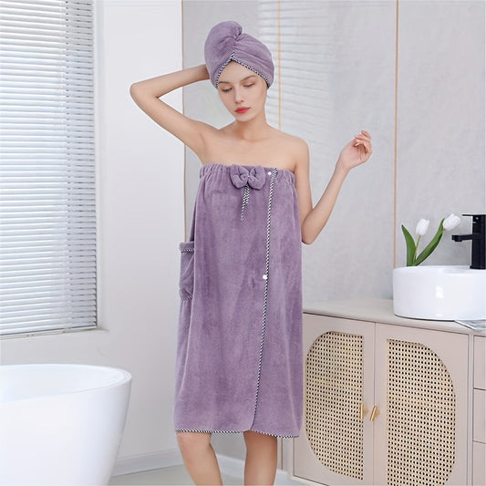 2pcs Bath Skirt Hair Towel Coral Velvet Bathrobe Pocket Bow D