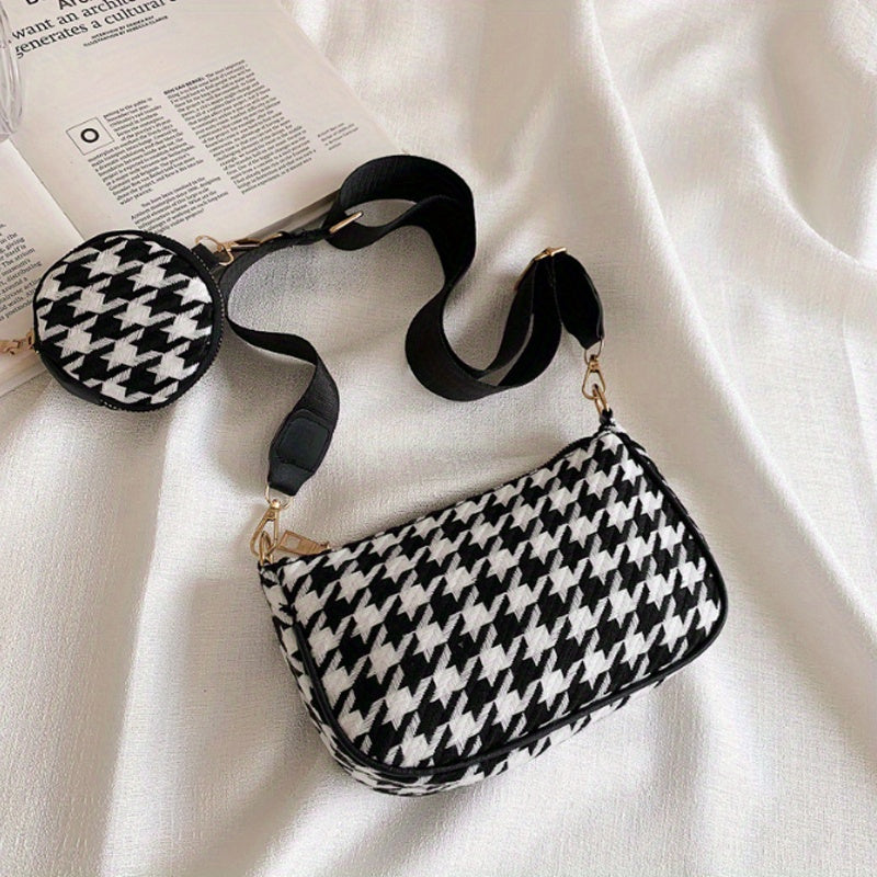 Stylish Houndstooth Shoulder Bag With Mini Round Purse