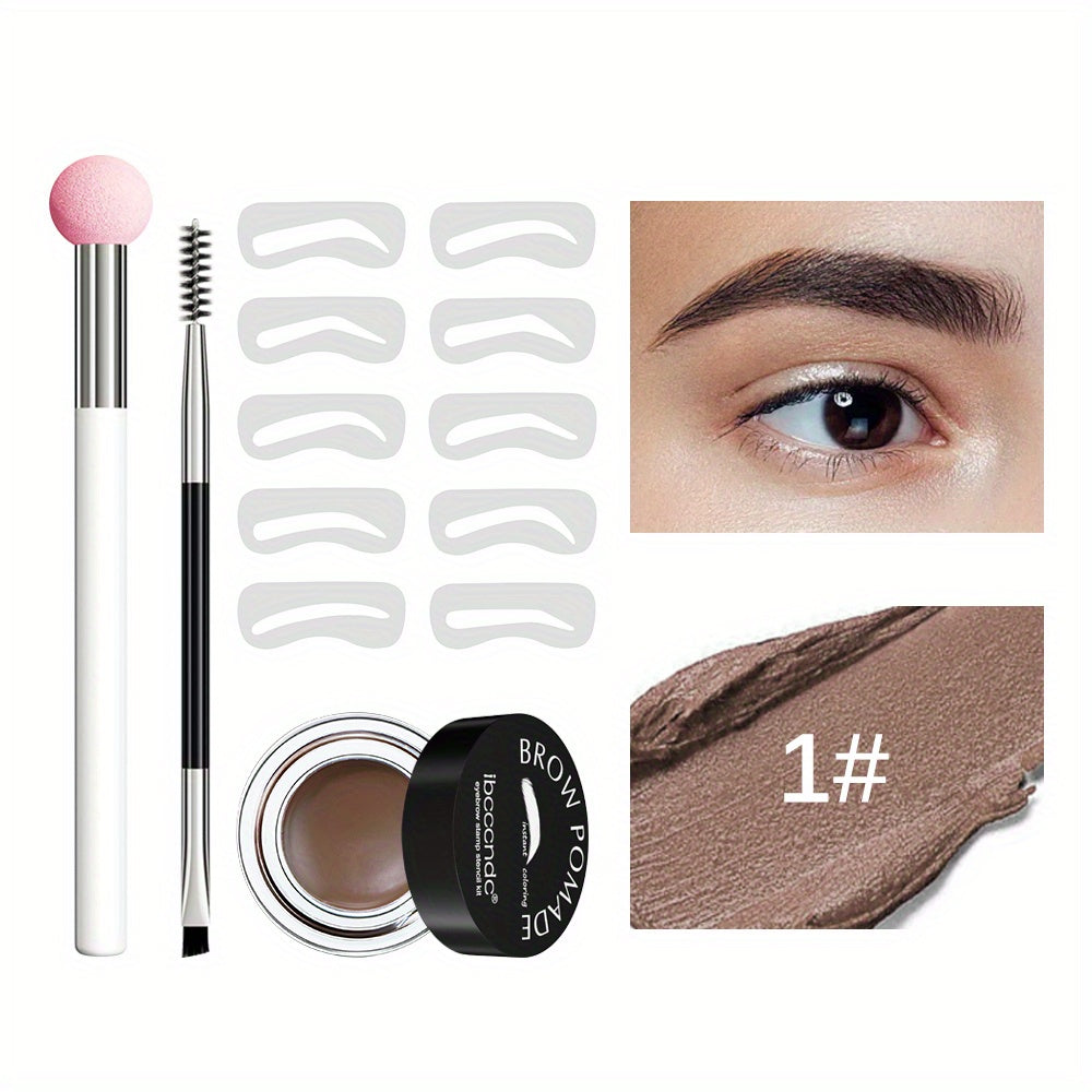 Waterproof Eyebrow Cream Set w/ Brush, Brown Stamp Powder, Stencil