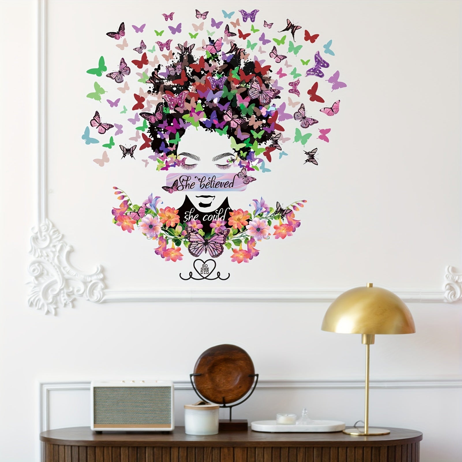Lady Wall Sticker Butterfly Green Leafs Wall Decal