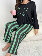 Women's Plus Cat Print Top & Striped Pants Pajama Set
