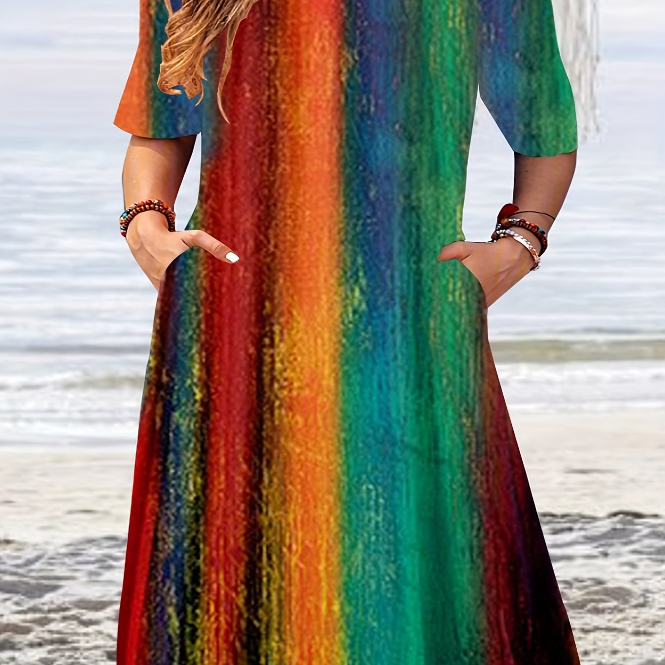  Colorblock Stripe Print Short Sleeve Casual Dress With Pockets