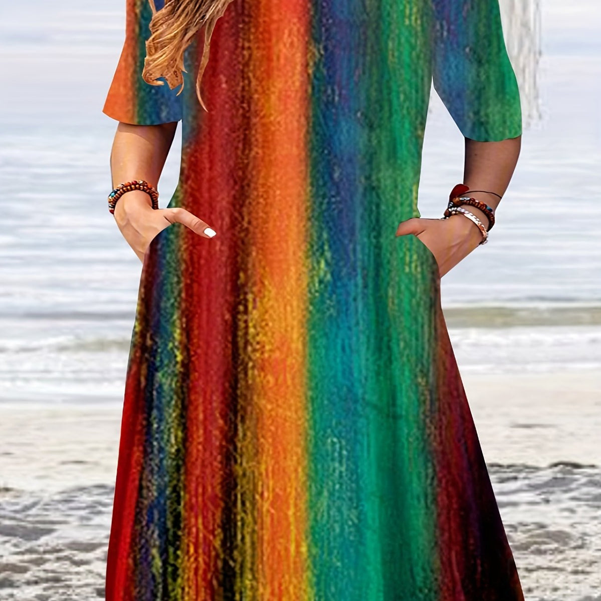  Colorblock Stripe Print Short Sleeve Casual Dress With Pockets