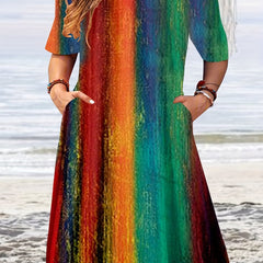  Colorblock Stripe Print Short Sleeve Casual Dress With Pockets