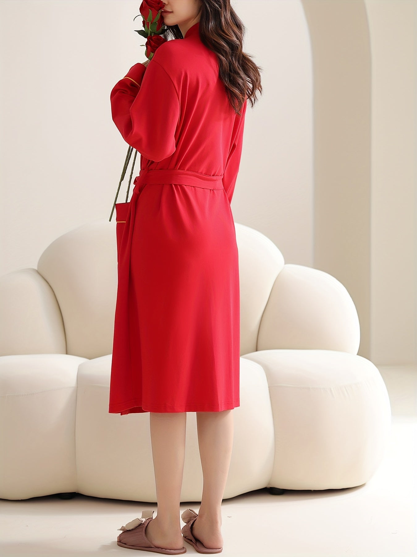 Women's Solid Lounge Robe V Neck Long Sleeve with Belt & Pockets