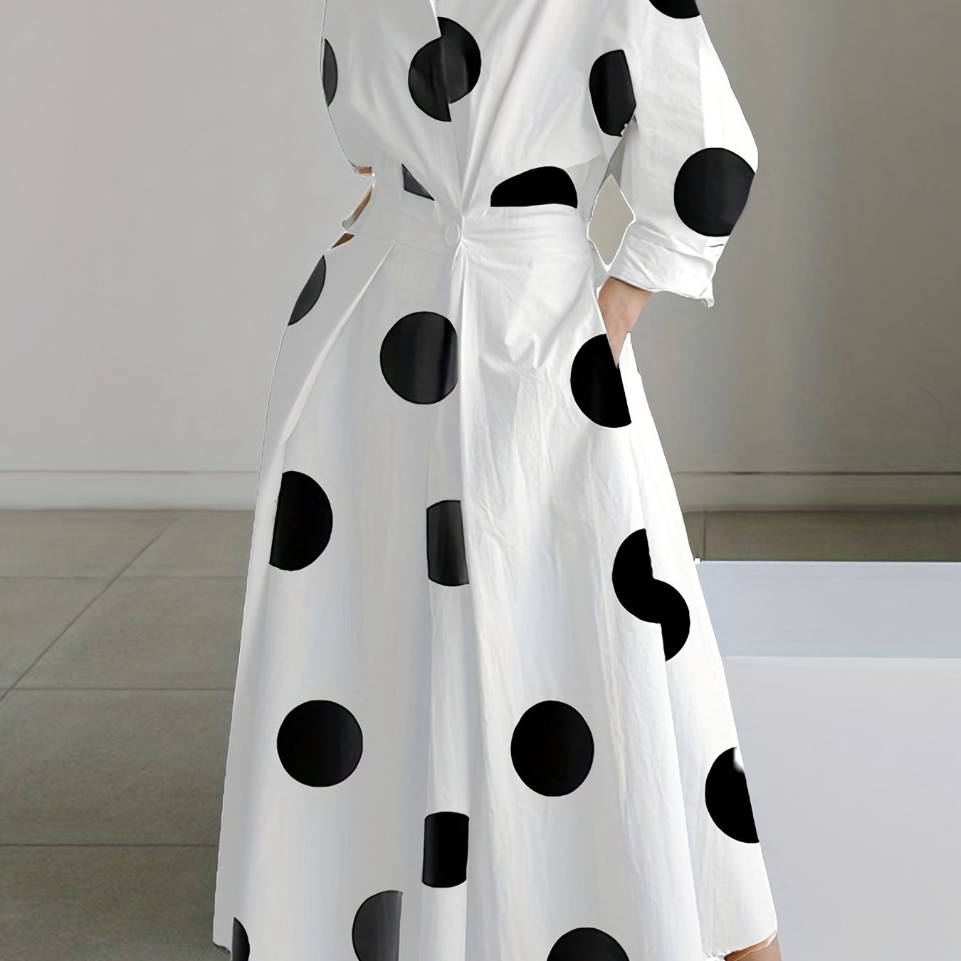  Dot Print Long Sleeve Button Up Collar Maxi Dress