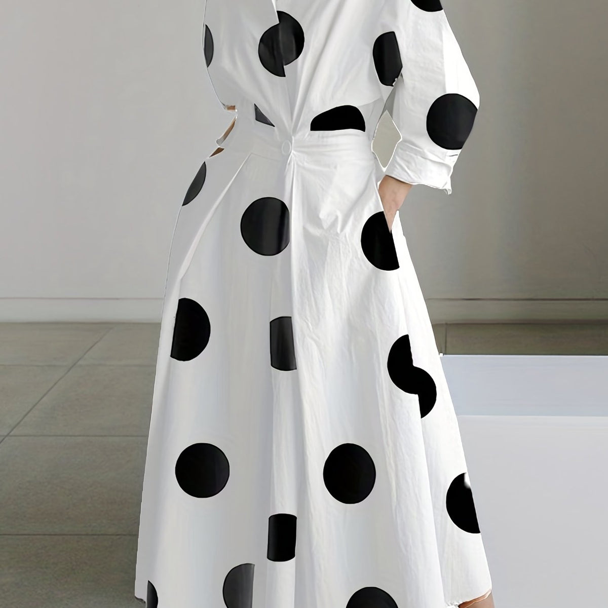  Dot Print Long Sleeve Button Up Collar Maxi Dress
