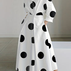  Dot Print Long Sleeve Button Up Collar Maxi Dress