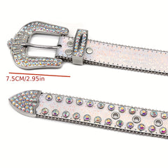 Men's Rhinestone Belt with Oval Gemstones and Rivet Design