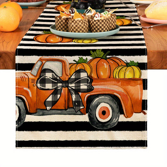 Vintage Pumpkin Pattern Linen Table Runner for Thanksgiving and Fall Decor