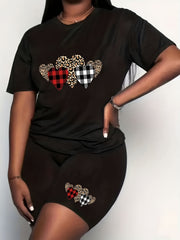  Leopard & Gingham Heart Print Top & Shorts Set