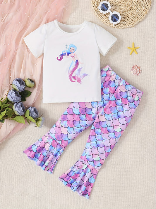 2pcs Toddler Girls Mermaid T Shirt & Pants Set