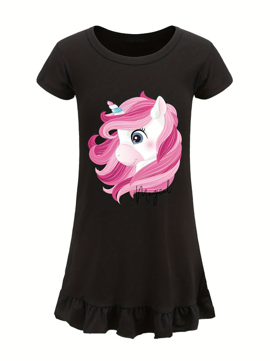 Toddler Girl's Unicorn Print Nightgown Ruffle Short Sleeve Nightdress