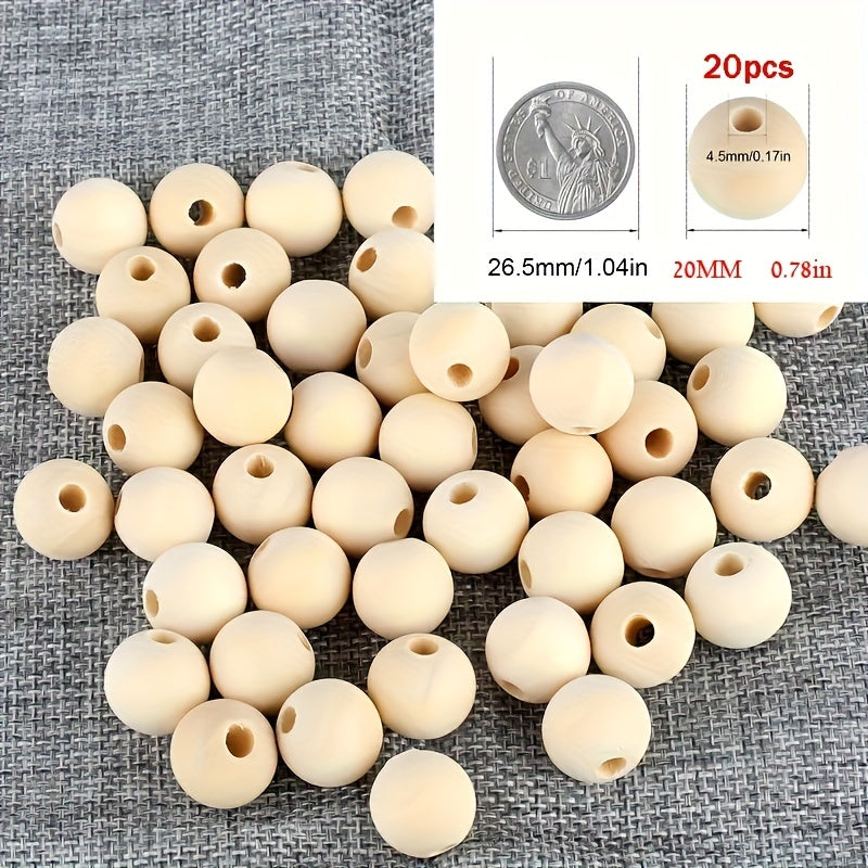 20pcs 20mm Natural Wooden Beads for DIY Crafts and Decorations
