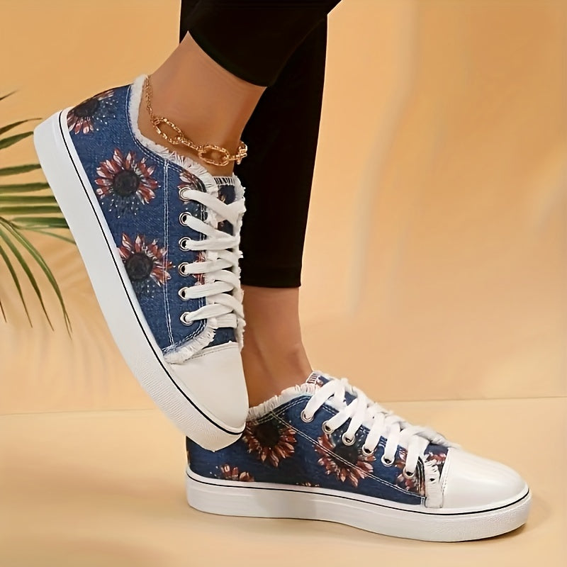 Floral Print Canvas Lace-Up Low Flat Casual Sporty Shoes