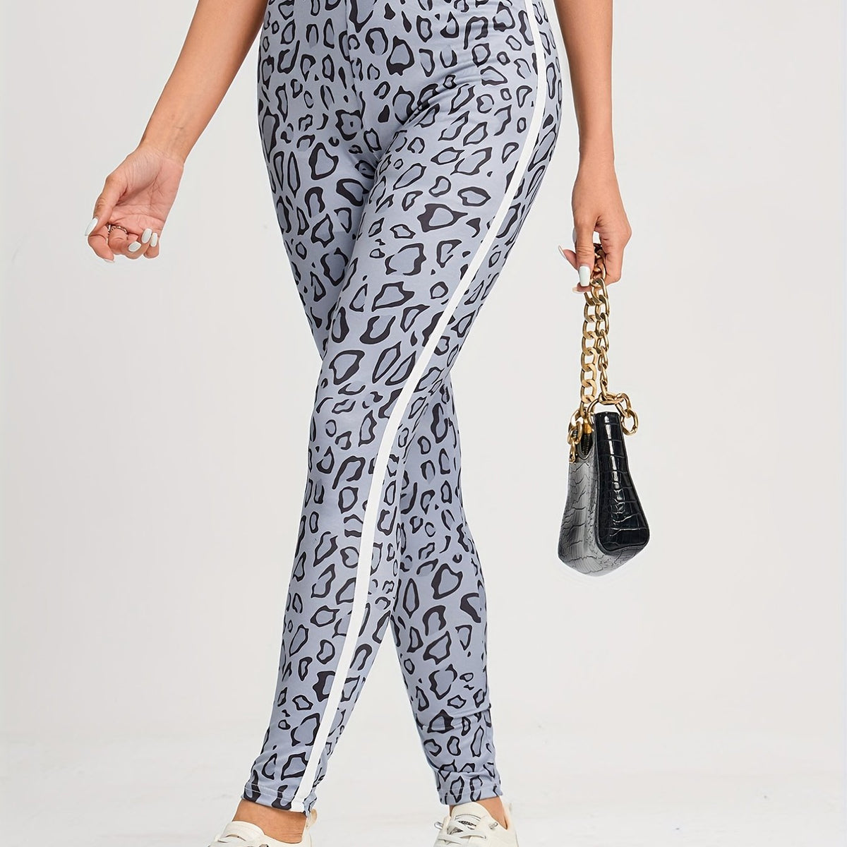 Leopard Print Side Contrast Leggings Skinny Leggings Women's Clothing