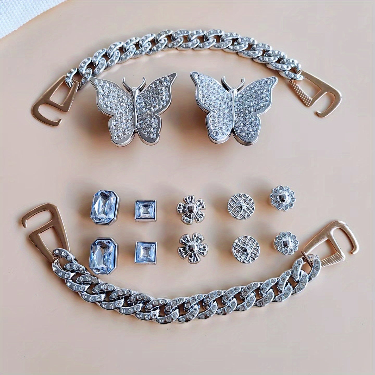 14pcs Clog Accessories Silver Butterfly Sunflowers Chains for Women's Clogs