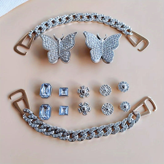 14pcs Clog Accessories Silver Butterfly Sunflowers Chains for Women's Clogs
