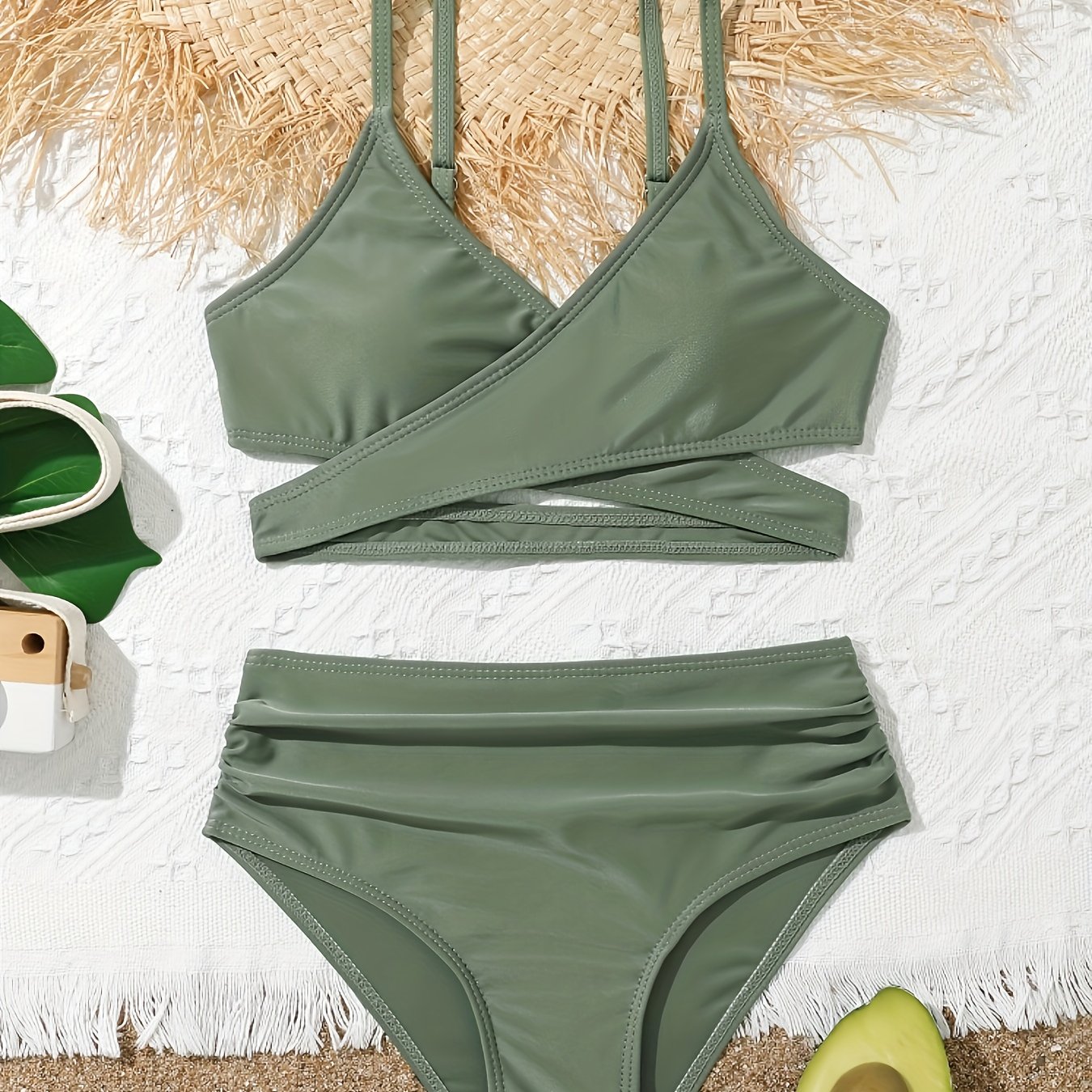 Girls 2pcs Swimsuit Set Crisscross Top Briefs Bikini Set Summer Gift