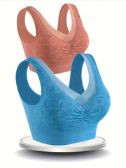 2pcs Jacquard Wireless Bras Full Coverage Comfortable & Breathable Women's Linge