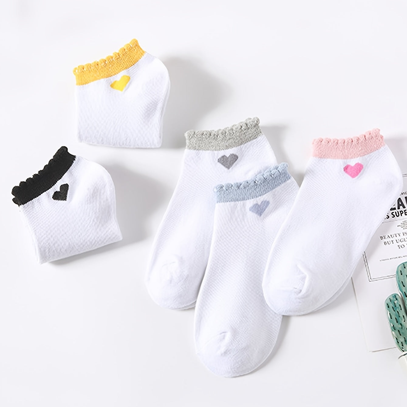 Girls Ruffled Heart Print Knit Ankle Socks Kids Accessories