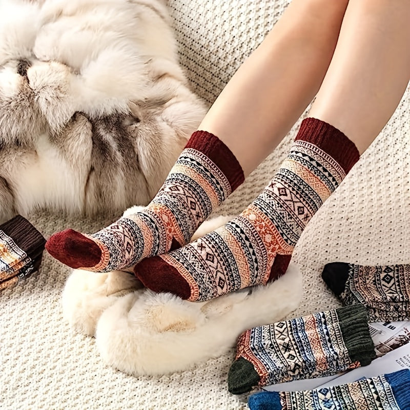 2 Pairs Geometric Pattern Socks Ethnic Style Mid Tube Women's Stockings
