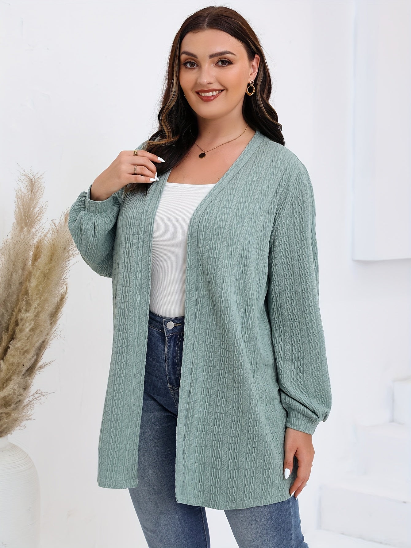  Solid Lantern Sleeve Open Front Stretch Cable Knitted Cardigan